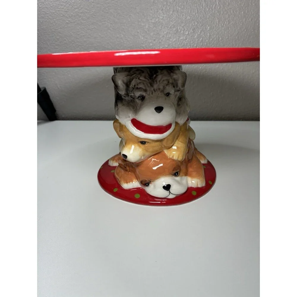 PIER 1 CAKE PLATE STACKED DOGS CHRISTMAS Park Ave. Puppies -Retired
